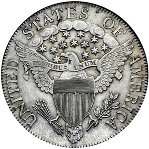 Reverse of an 1807 United States half dollar: an eagle holding a scroll reading E PLURIBUS UNUM