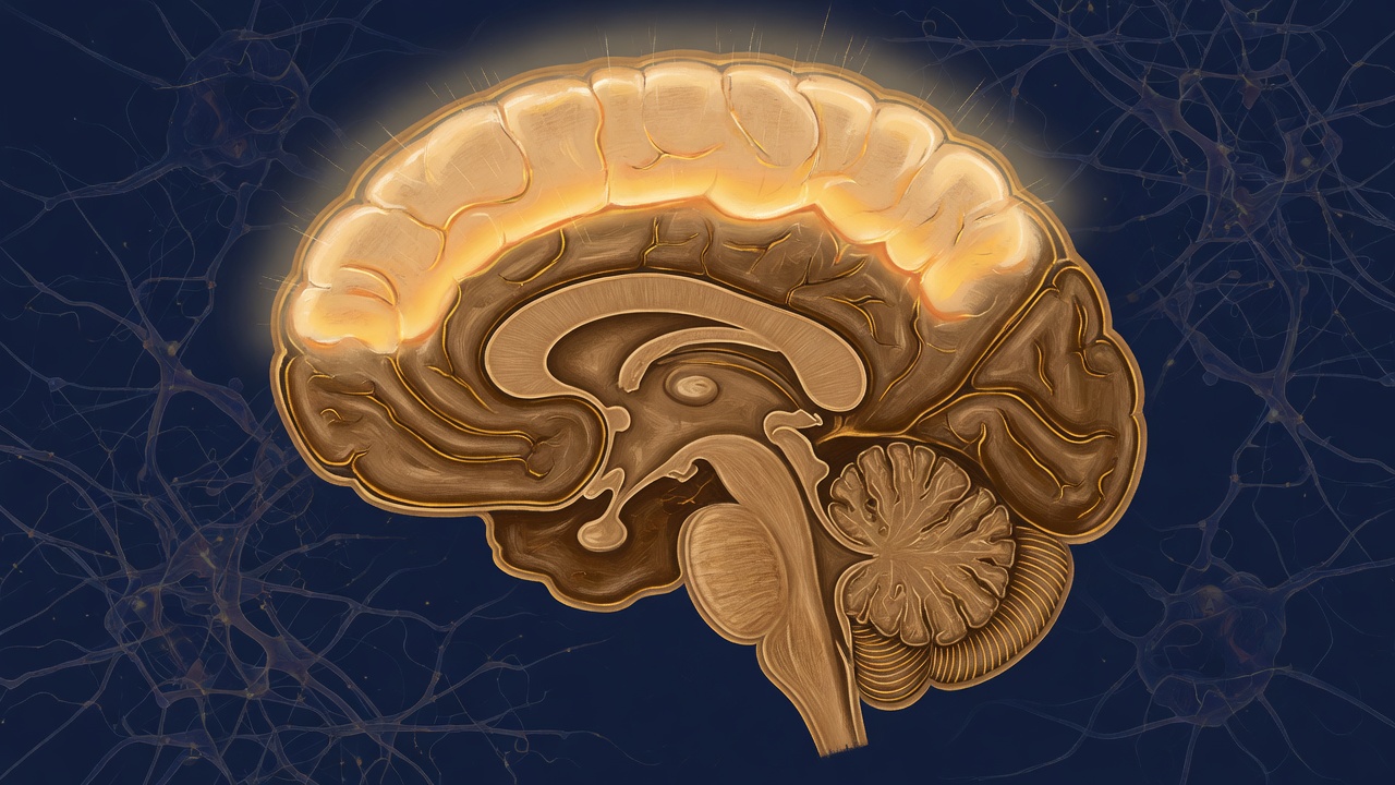 A cross-section of the human brain illuminated in saffron gold, the medial orbitofrontal cortex and striatum glowing, dendritic patterns in the dark background.