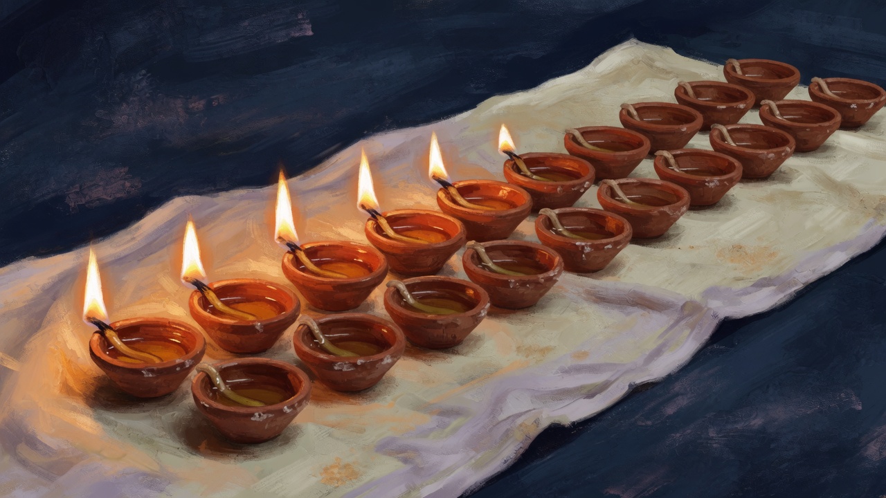Rows of clay diya oil lamps burning on a cream cloth against a dark background, the nearest flames illuminated, the distant ones waiting.