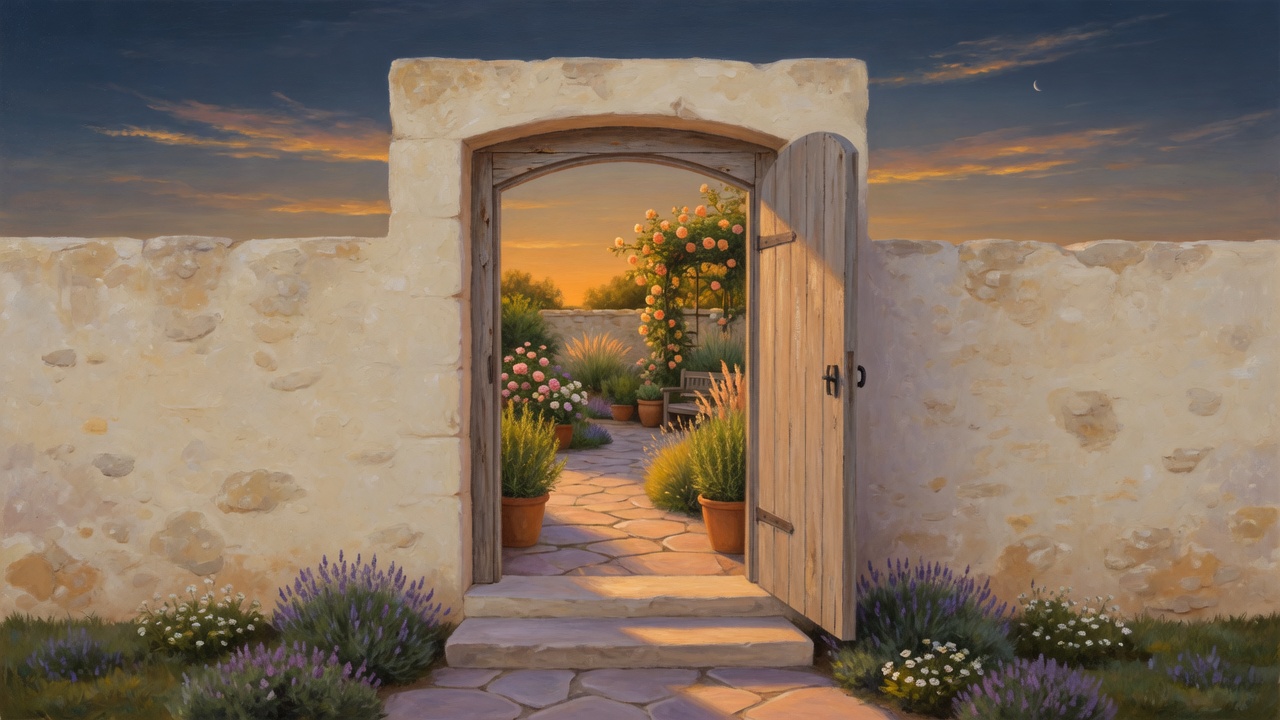 An open stone garden door at dusk, roses climbing a wooden trellis beyond, lavender in the foreground.