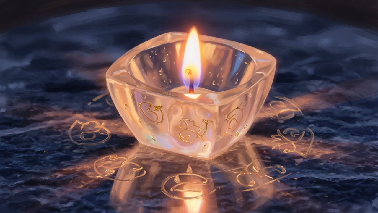 A cut-glass oil lamp with a single flame resting on a dark surface, golden Sanskrit letters reflected around it in the water.