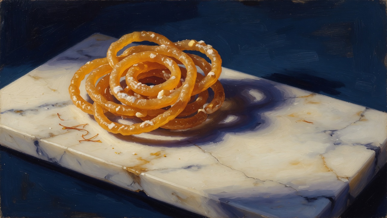 A pile of golden jalebi on a white marble slab, saffron strands resting beside it, deep blue background — a picture of what Gaurav calls taste.