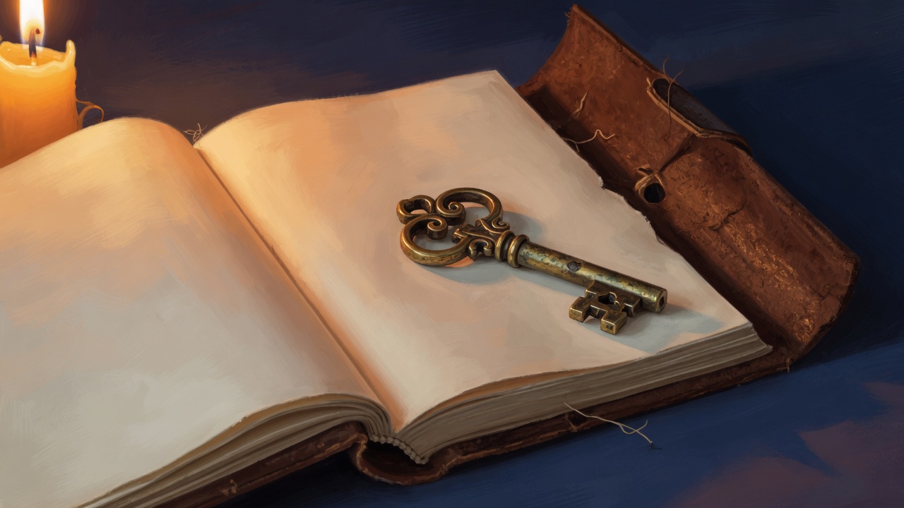 An antique brass key resting on the open pages of a leather-bound book, a candle burning at the edge of the frame, dark navy background.