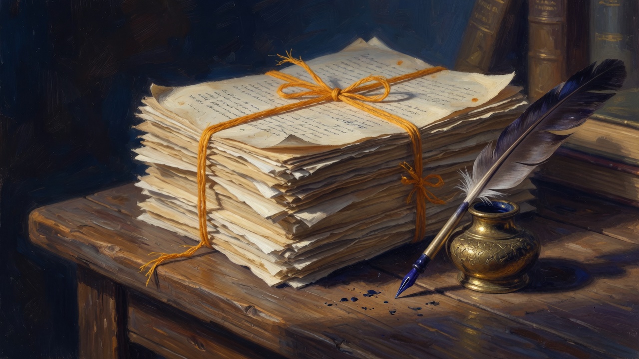 A stack of handwritten manuscripts tied in saffron twine on a wooden desk, a feather quill resting in a brass inkwell beside them, deep navy background.
