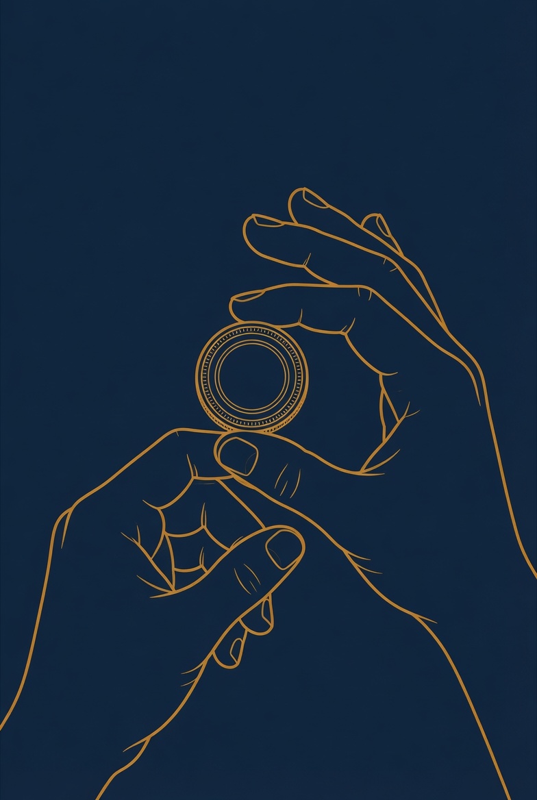 Hands holding the Moodwah token in a precision grip — saffron line art on navy