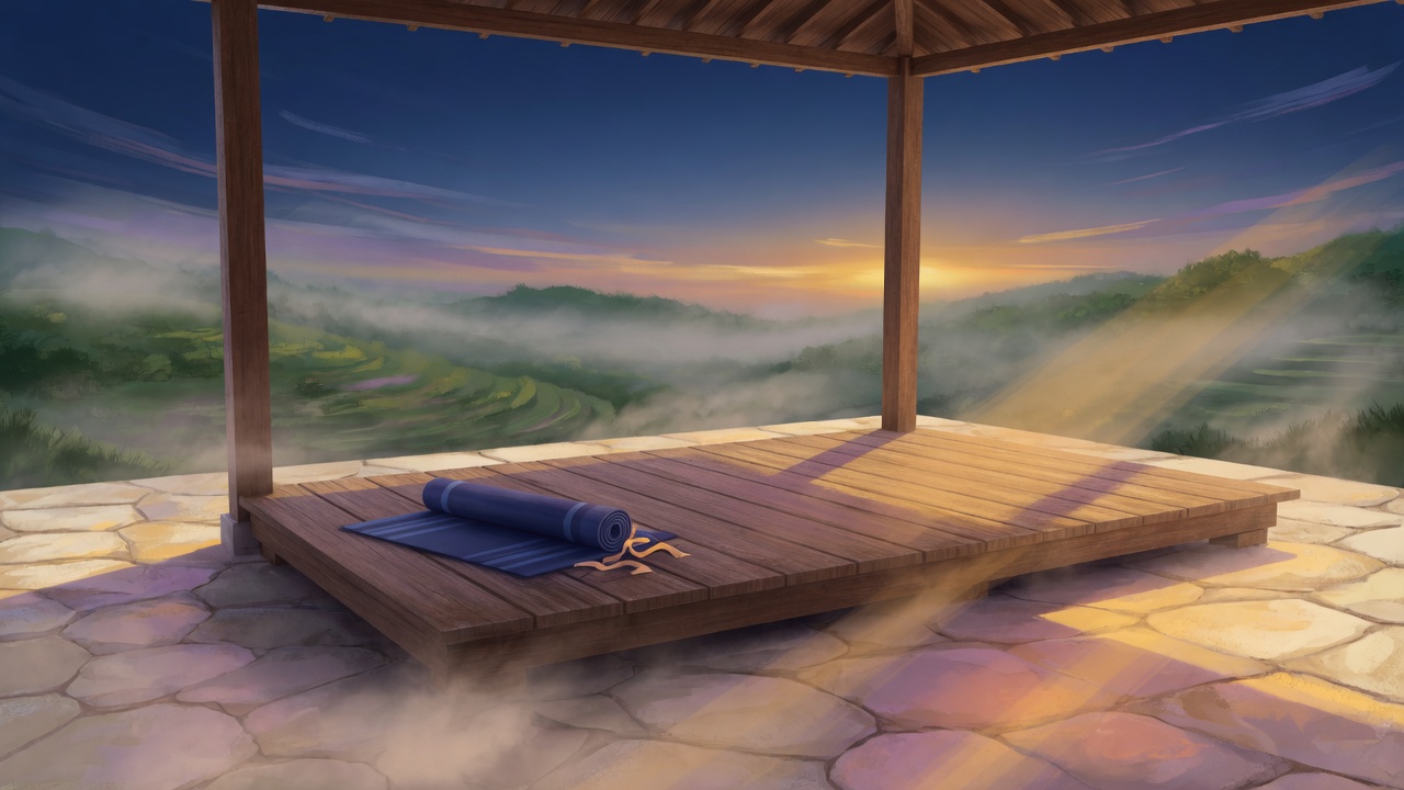 A wooden meditation pavilion at sunrise over a mountain valley, a rolled yoga mat on the planks, mist in the distance.