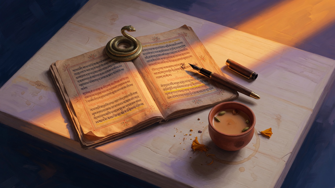 An open Sanskrit manuscript with Devanagari script, a brass cobra bookmark coiled across the page, a fountain pen and a small cup of chai beside it, late afternoon sun.