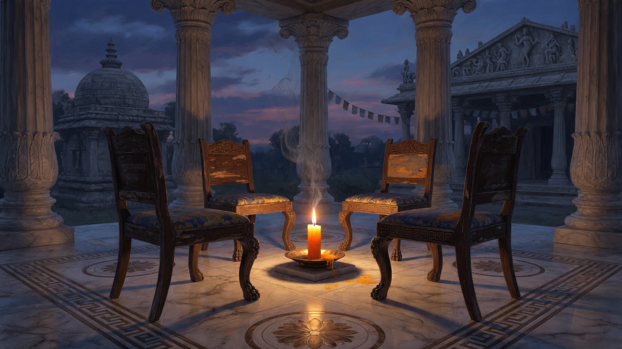 A marble temple courtyard at dusk, four ornate wooden chairs arranged around a tall burning candle, stone pavilions and mountains behind them.