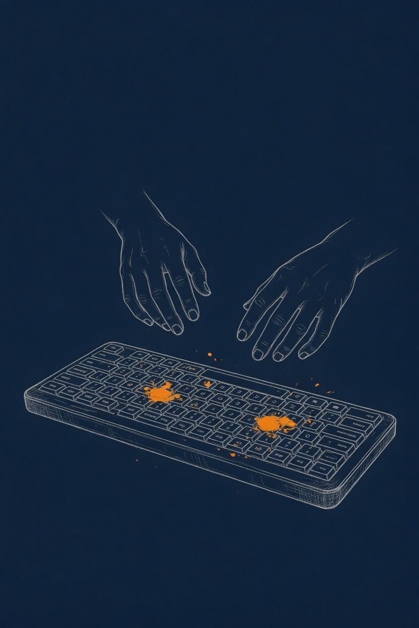 Line drawing of two hands lifted away from a computer keyboard, saffron-orange paint splatter on the keys, deep navy background.
