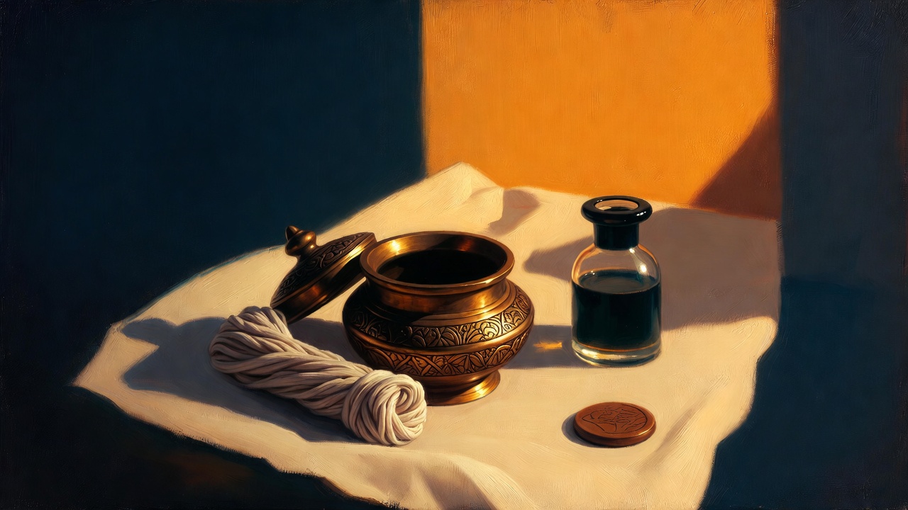 The Moodwah ritual kit: brass ritual jar, rope-wrapped sesame oil vessel, glass oil bottle, and the copper NFC coin, arranged on cream cloth in warm side light.