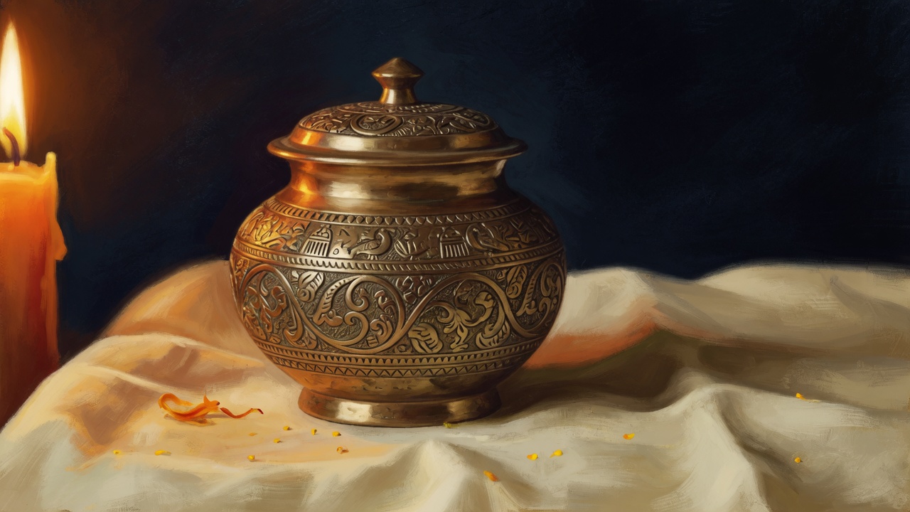 The Warm Ritual Jar: an etched brass vessel with lid, resting on cream cloth, lit by candlelight against a dark background.